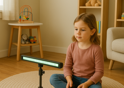 Child engaging in EMDR light bar therapeutic session.